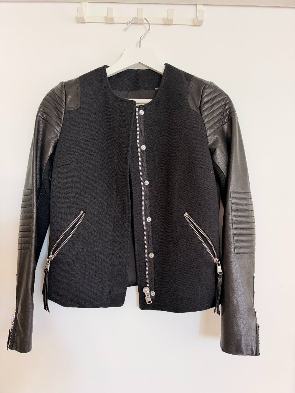 Rebecca Taylor Black Leather Sleeve Moto Jacket Quilted Biker Zip Front
